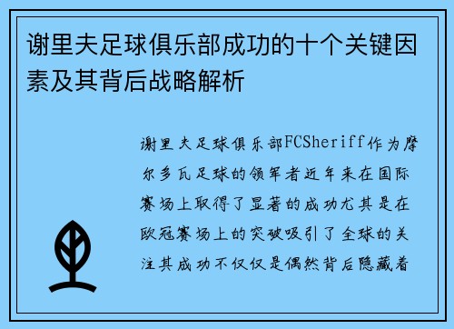 谢里夫足球俱乐部成功的十个关键因素及其背后战略解析 谢里夫足球俱乐部成功的十个关键因素及其背后战略解析