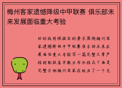 梅州客家遗憾降级中甲联赛 俱乐部未来发展面临重大考验