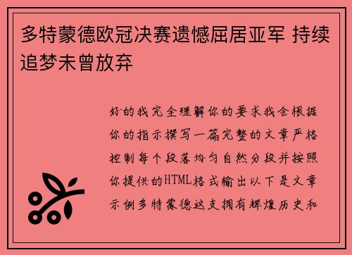 多特蒙德欧冠决赛遗憾屈居亚军 持续追梦未曾放弃